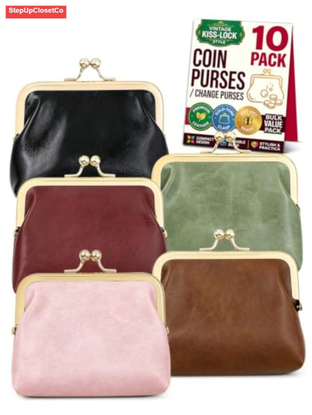 10 Pcs Women's Small Coin Purse, PU Leather Change Purse with Kiss Lock Clasp,